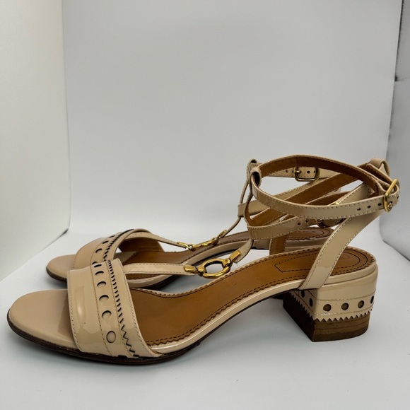 NEW Chloe Beige Patent Leather Perry T-Strap Block Heel Sandals Size 39 - Picture 3 of 10